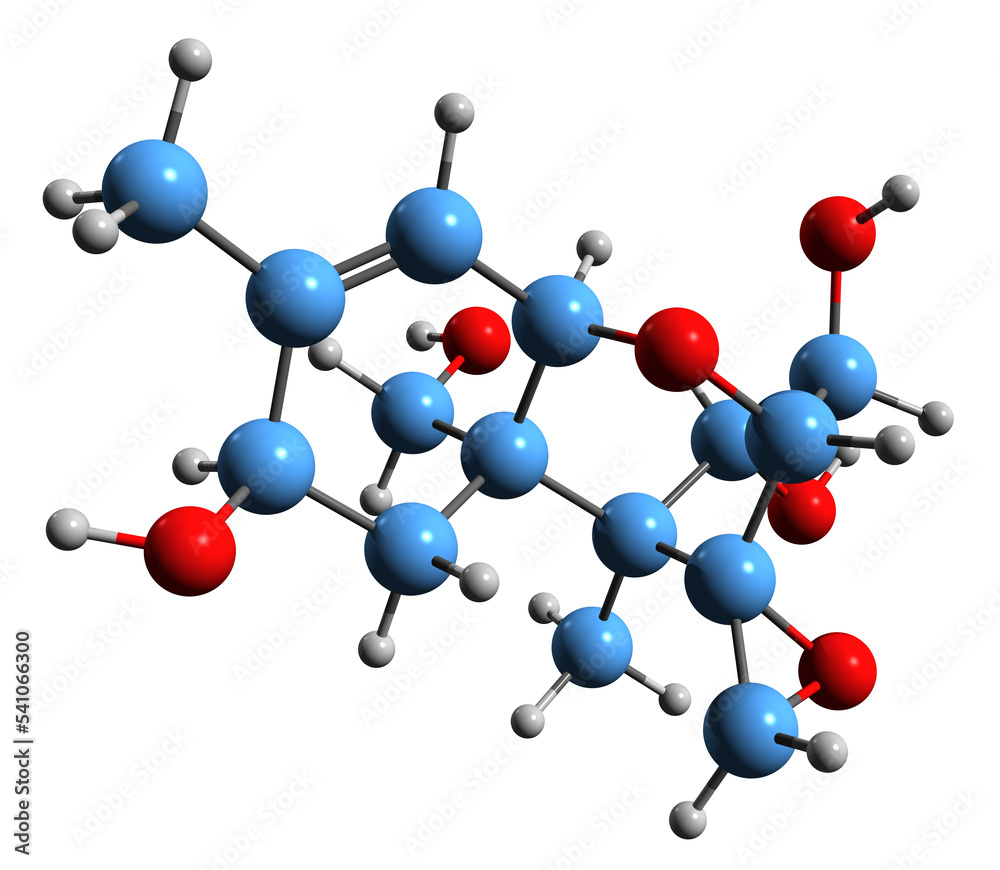 3D image of T2 tetraol skeletal formula - molecular chemical structure of mycotoxin T-2 Tetraol toxin isolated on white background
3D image of T2 tetraol skeletal formula - molecular chemical structure of mycotoxin T-2 Tetraol toxin isolated on white background