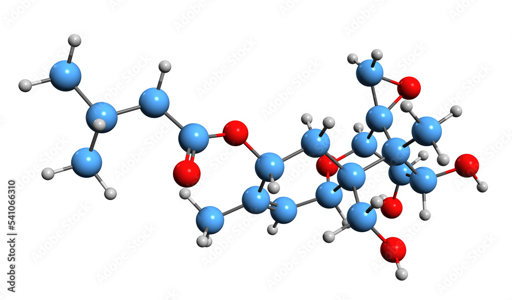 3D image of T2 triol skeletal formula - molecular chemical structure of sesquiterpene mycotoxin isolated on white background 3D image of T2 triol skeletal formula - molecular chemical structure of sesquiterpene mycotoxin isolated on white background