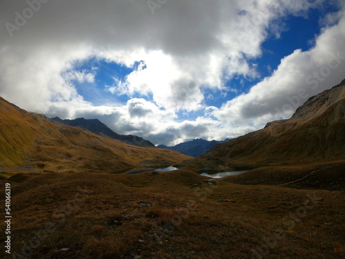 Sertig valley hiking trail leading from Bergün to Ravais lakes in Swiss Alps near to St Moritz, Switzerland