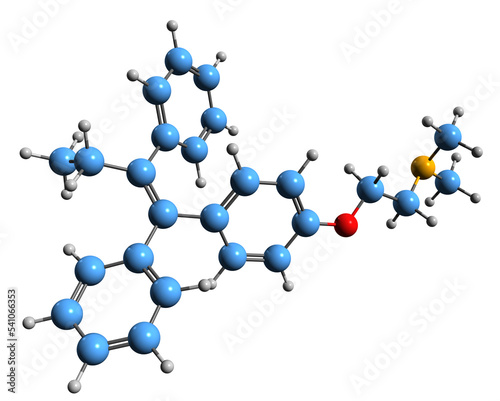3D image of Tamoxifen skeletal formula - molecular chemical structure of  selective estrogen receptor modulator isolated on white background photo