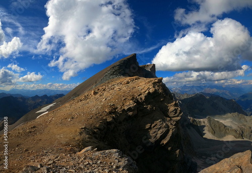 Majestic alpine landscape view of Üssers Barrhorn, Weisshorn and Bishorn covered by Brunegg glaciers in Swiss Alps, Wallis, Switzerland photo