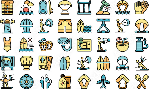 Kitesurfing icons set outline vector. Sport kite. Active board color flat isolated