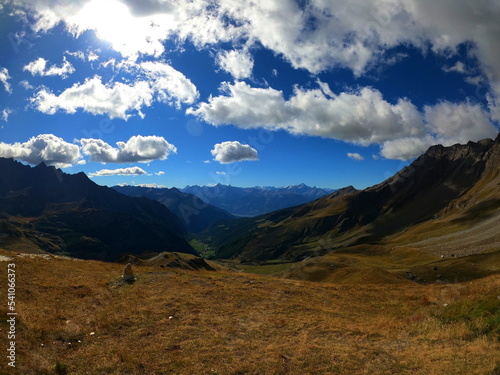 Mountain landscape of long distance hiking trail Tour Des Combins which crosses Switzerland to Italy via Bourg Saint Pierre, Fenetre Durand and Aosta Valley photo