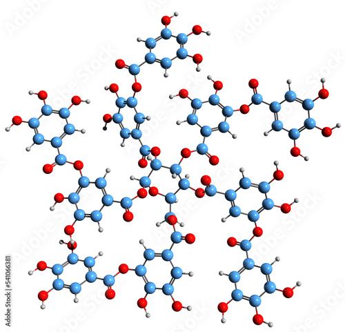 3D image of Tannic acid skeletal formula - molecular chemical structure of polyphenol tannin isolated on white background
