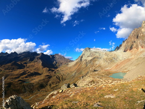 Mountain landscape of long distance hiking trail Tour Des Combins which crosses Switzerland to Italy via Bourg Saint Pierre, Fenetre Durand and Aosta Valley