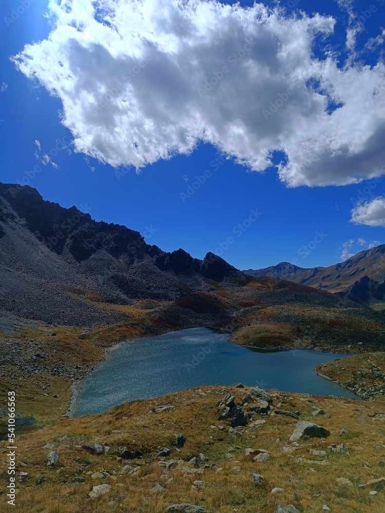 Mountain landscape of long distance hiking trail Tour Des Combins which crosses Switzerland to Italy via Bourg Saint Pierre, Fenetre Durand and Aosta Valley