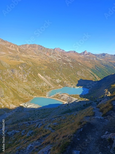 Majestic alpine landscape view of Üssers Barrhorn, Weisshorn and Bishorn covered by Brunegg glaciers in Swiss Alps, Wallis, Switzerland