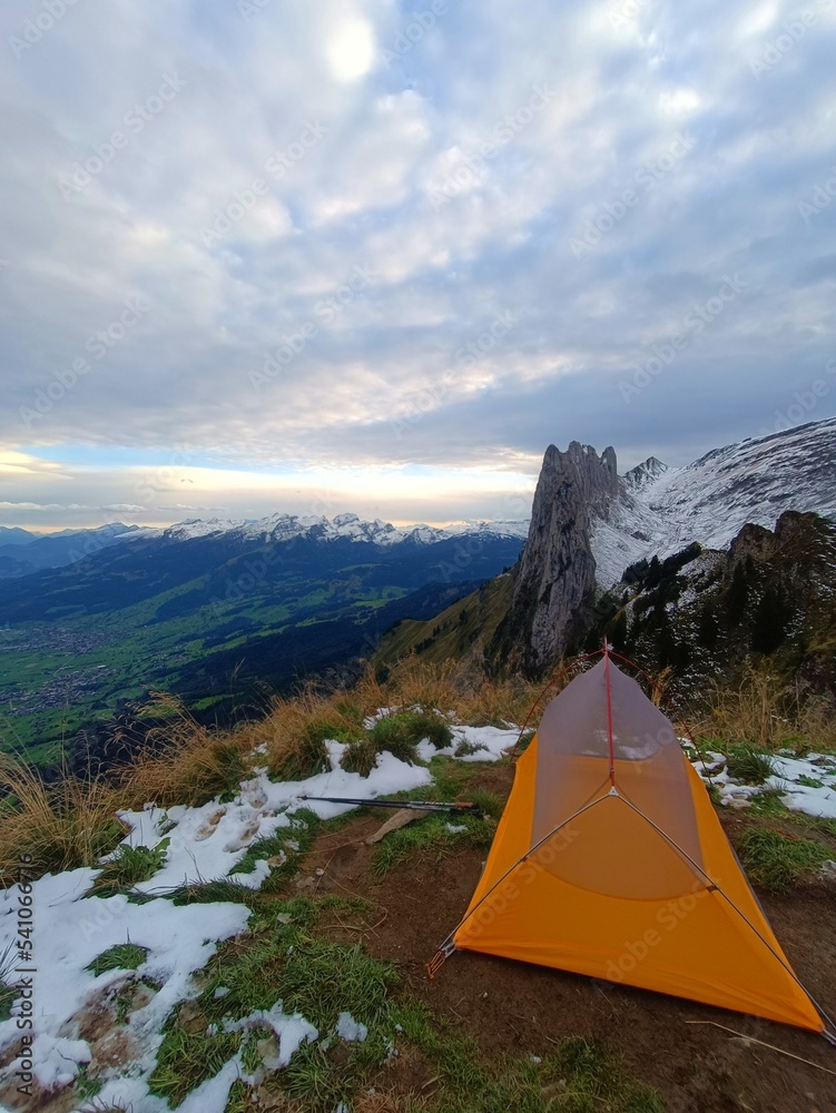 Camping on the famous mountain ridge called Saxer Lucke in Alpstein, Appenzell in Switzerland next to Fahlensee