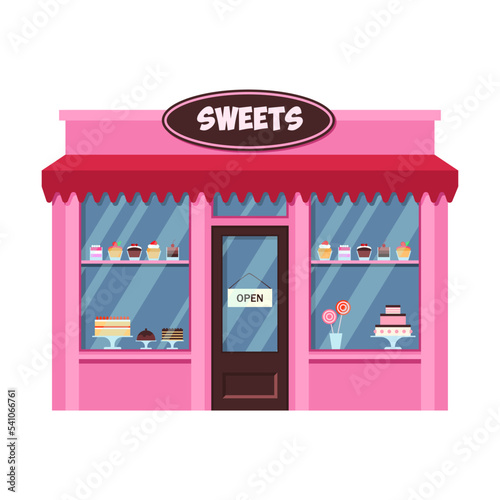 Front of sweets shop vector illustration. Traditional shop building. Small business, retail concept