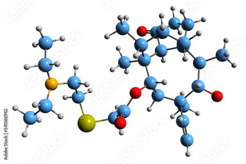  3D image of Tiamulin skeletal formula - molecular chemical structure of pleuromutilin antibiotic isolated on white background