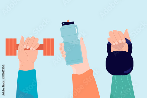 People holding kettlebells, dumbbells and reusable water bottle. Sportsmen, men and woman holding training equipment for exercising and physical activity flat vector illustration. Sport concept
