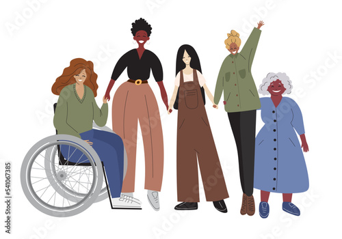 Group of women standing together and holding hands. Inclusive people. Happy different nationality women. African woman, asian girl, disabled person. Young and old together. Union of feminists