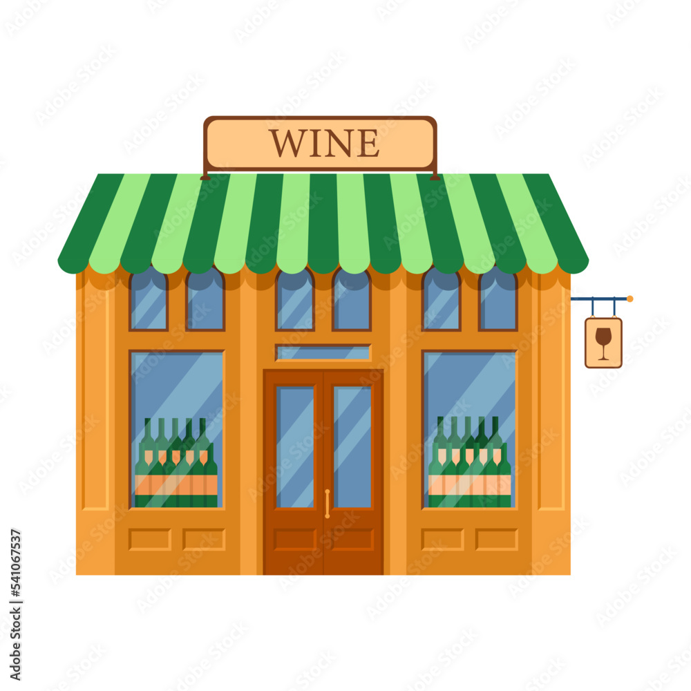 Wine store front view vector illustration. Traditional wine shop