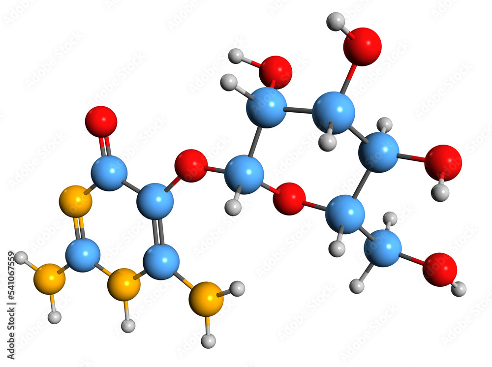  3D image of Vicine skeletal formula - molecular chemical structure of  alkaloid glycoside isolated on white background
