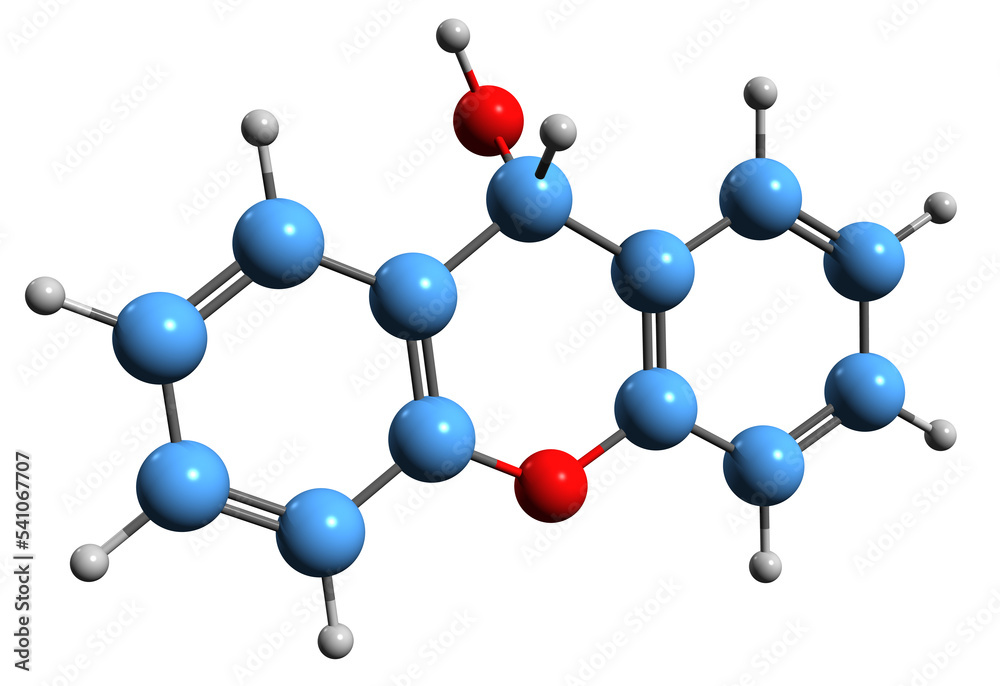 3D image of Xanthydrol skeletal formula - molecular chemical structure of urea test chemical compound isolated on white background 3D image of Xanthydrol skeletal formula - molecular chemical structure of urea test chemical compound isolated on white background