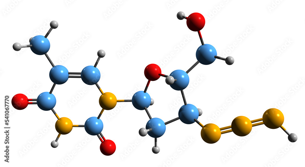 3D image of Zidovudine skeletal formula - molecular chemical structure of antiretroviral medication isolated on white background
3D image of Zidovudine skeletal formula - molecular chemical structure of antiretroviral medication isolated on white background