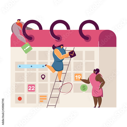 Business team planning events for month with giant calendar. Flat vector illustration. Office workers creating business schedule, defining aims. Entrepreneurship, time management