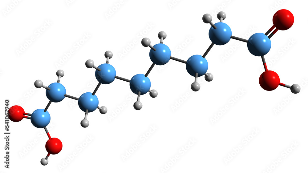 3D image of Azelaic acid skeletal formula - molecular chemical structure of Nonanedioic acid isolated on white background 3D image of Azelaic acid skeletal formula - molecular chemical structure of Nonanedioic acid isolated on white background