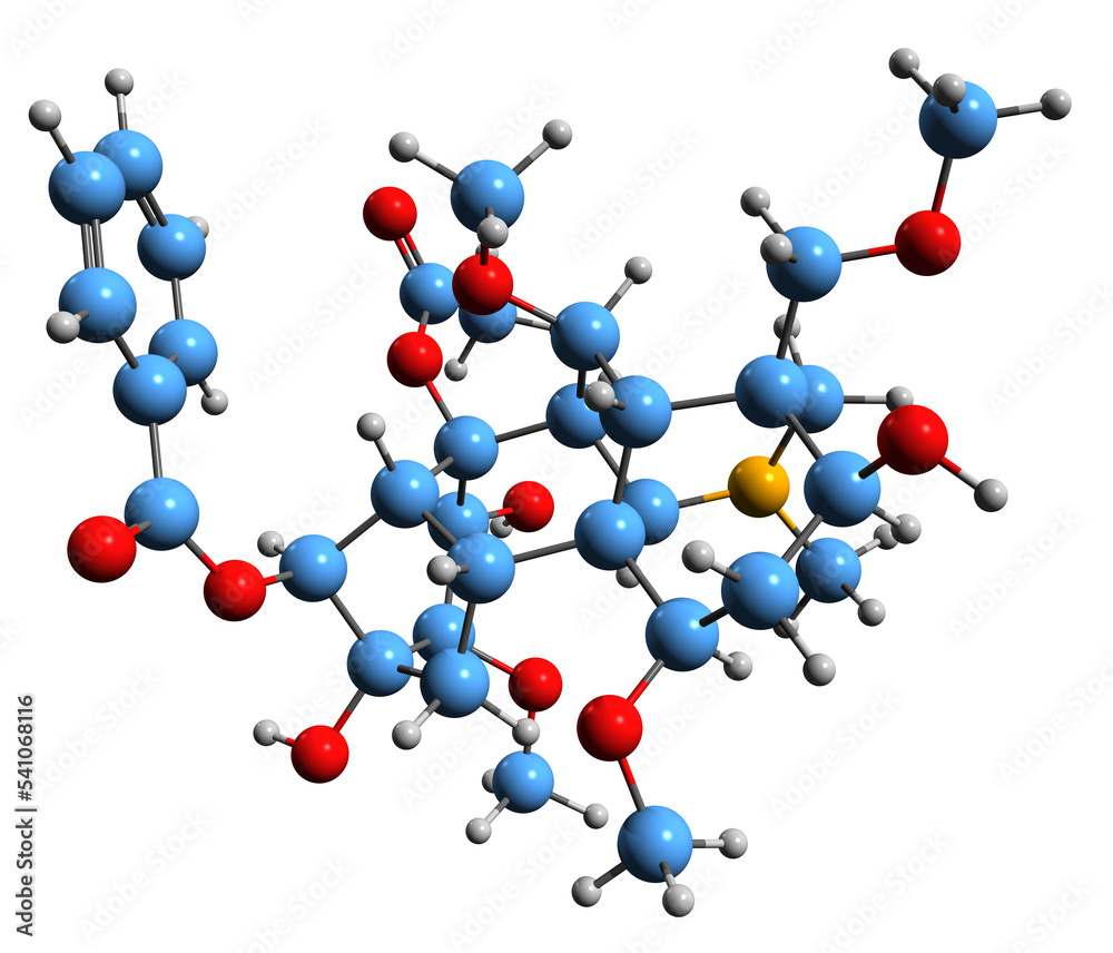 3D image of Aconitine skeletal formula - molecular chemical structure of alkaloid toxin isolated on white background 3D image of Aconitine skeletal formula - molecular chemical structure of alkaloid toxin isolated on white background
