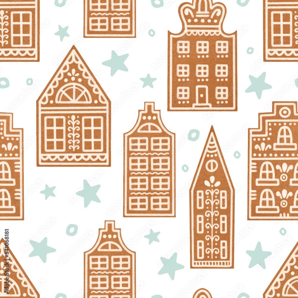 Gingerbread houses and blue stars Christmas seamless pattern