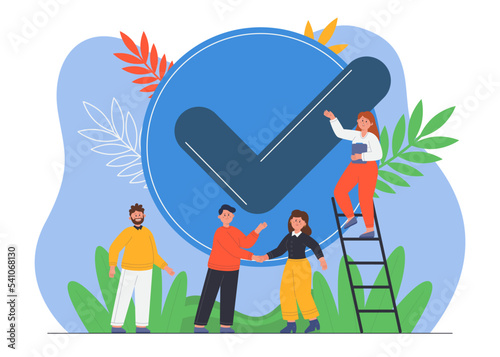 Tiny people in background of checkmark sign. Business people shaking hands after completing project flat vector illustration. Checklist with completed tasks. Done job, time management concept