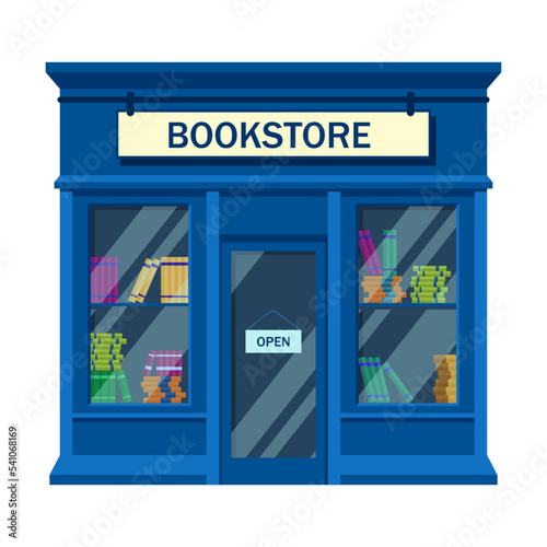 Bookstore front view vector illustration. Traditional book shop building. Small business, retail concept