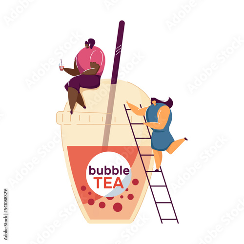 People with plastic cup of bubble tea. Black girl sitting on top of cup and drinking beverage, woman climbing ladder, man standing beside. Bubble tea
