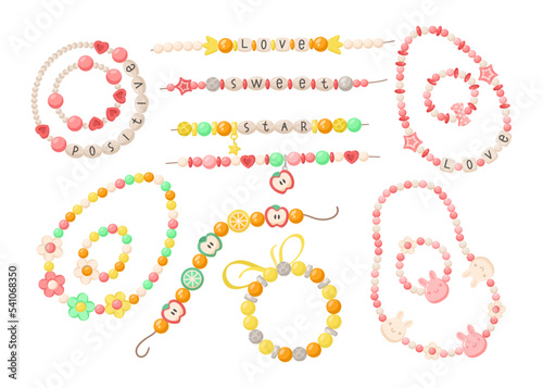 Beaded bracelets for kids vector illustrations set. Collection of cartoon drawings of bracelets from colorful beads with letters for children isolated on white background. Fashion, jewelry concept