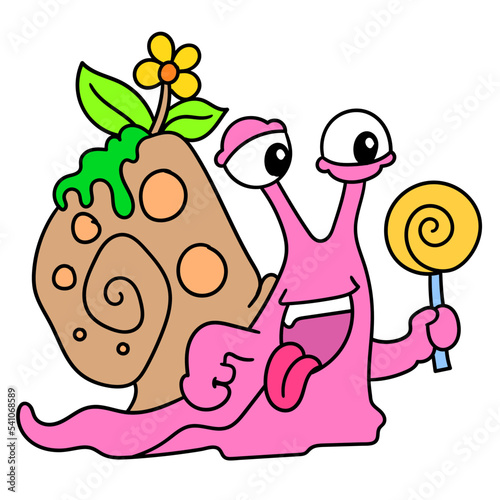 Cute pink cartoon snail eating a yellow popsicle