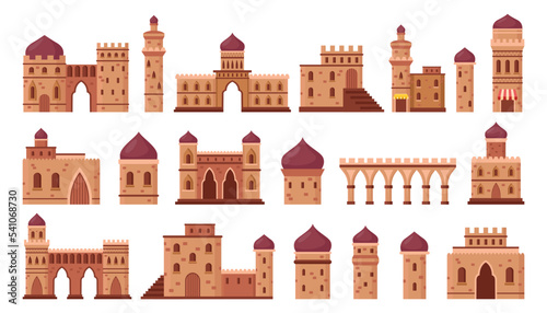 Arabian city or landscape elements vector illustrations set. Cartoon drawings of old or ancient Islamic or Muslim castles for Arab village or town on white background. Architecture, traveling concept