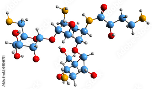  3D image of Amikacin skeletal formula - molecular chemical structure of antibiotic medication isolated on white background
 photo
