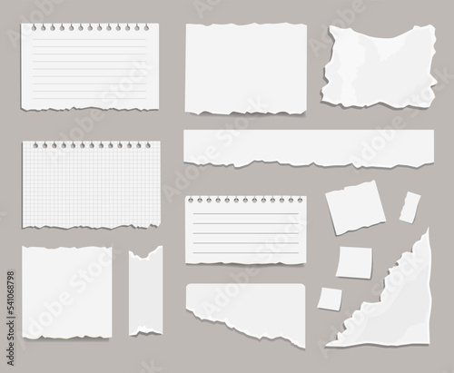 Torn white paper scraps cartoon illustration set. Ragged square pieces of notebook sheets. Ripped empty notes or memo, blank damaged notepaper with shred edges. Scrapbook concept