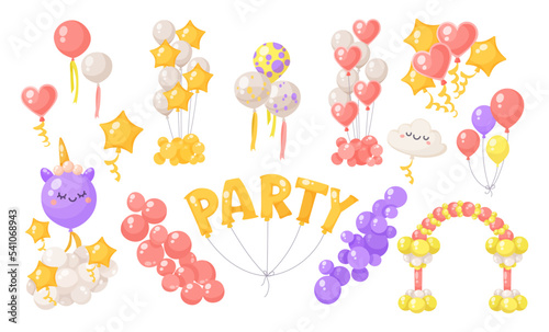 Cute festive balloons for decoration vector illustrations set. Balloons for carnival, festival, birthday party, arch for wedding isolated on white background. Decoration, celebration concept