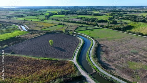 Landscape in the Bioria Estarreja nature reserve. Ria de Aveiro on the Atlantic coast of Portugal. Aerial view from a drone. Estarreja. Portugal. Europe photo