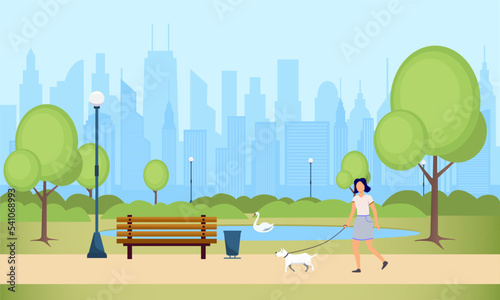 Fototapeta Naklejka Na Ścianę i Meble -  Vector illustration of a summer city park. Cityscape with buildings and trees.Lake with a swan, girl walking with a dog, wooden bench, street lamp, trash can in the square.