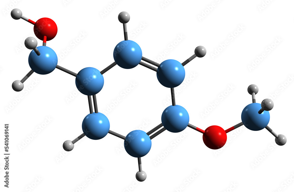 3D image of Anisyl alcohol skeletal formula - molecular chemical structure of 4-methoxybenzyl alcohol isolated on white background 3D image of Anisyl alcohol skeletal formula - molecular chemical structure of 4-methoxybenzyl alcohol isolated on white background