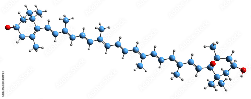 Obraz premium 3D image of antheroxanthin skeletal formula - molecular chemical structure of xanthophyll cycle intermediate isolated on white background