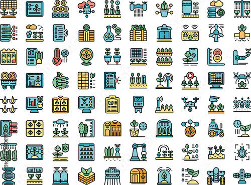 Automated farming icons set outline vector. Modern drone. Drone farming color flat isolated
