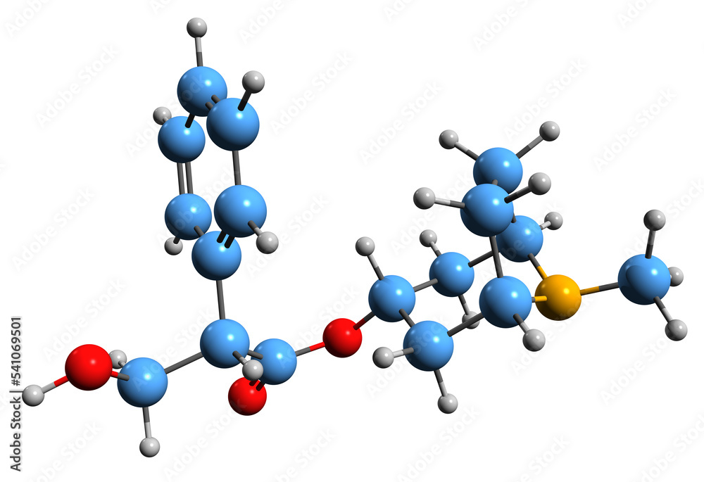 3D image of Atropine skeletal formula - molecular chemical structure of tropane alkaloid isolated on white background 3D image of Atropine skeletal formula - molecular chemical structure of tropane alkaloid isolated on white background