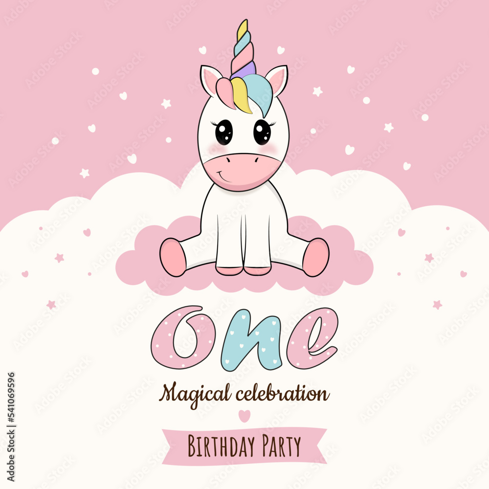 1 year birthday invitation card template with cute little unicorn and rainbow background. Happy birthday card, first birthday, unicorn. Vector illustration