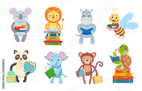 Cute animals reading books cartoon illustration set. Smart bee character holding textbook. Funky elephant, tiger, bear, turtle studying. Education, library concept