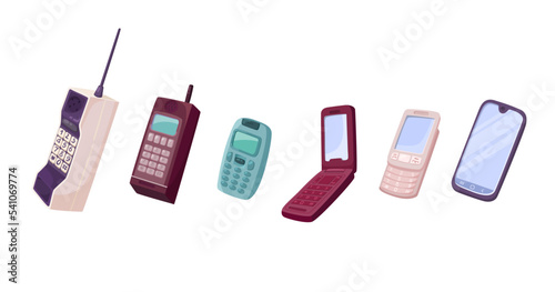 Cellphones evolution cartoon illustration set. Different mobile phones from old vintage models with antennas or push button telephones from smart devices with touchscreen. Communication tool concept