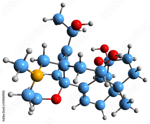 3D image of Batrachotoxin A skeletal formula - molecular chemical structure of neurotoxic steroidal alkaloid isolated on white background photo