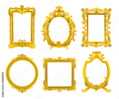 Vintage gold mirror frames cartoon illustration set. Old ornate rococo or retro blank frames for paintings, pictures or photos. Victorian style antique royal decorations. Luxury interior concept