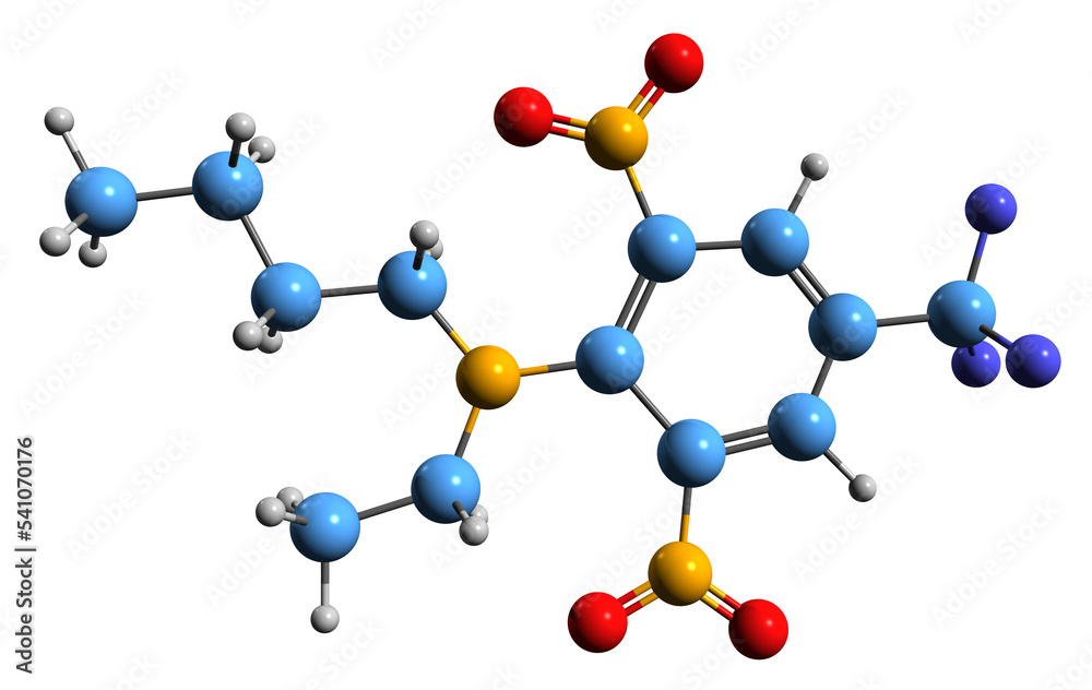 3D image of Benfluralin skeletal formula - molecular chemical structure of Herbicide isolated on white background 3D image of Benfluralin skeletal formula - molecular chemical structure of Herbicide isolated on white background