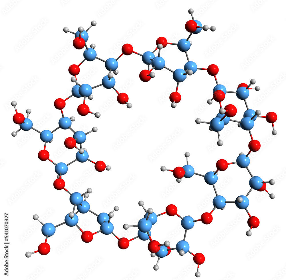 3D image of beta-Cyclodextrin skeletal formula - molecular chemical structure of macrocycle oligosaccharide isolated on white background 3D image of beta-Cyclodextrin skeletal formula - molecular chemical structure of macrocycle oligosaccharide isolated on white background