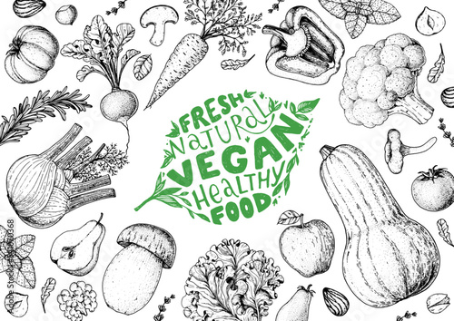 Vegan food frame. Hand drawn vector illustration. Menu design template. Vegan food sketch. Vintage design template. Product design. Great for packaging, recipe book, menu. Vegetarian food sketch.