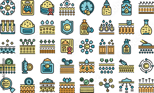 Cosmetics with collagen icons set outline vector. Keratin liquid. Vitamin essense color flat isolated