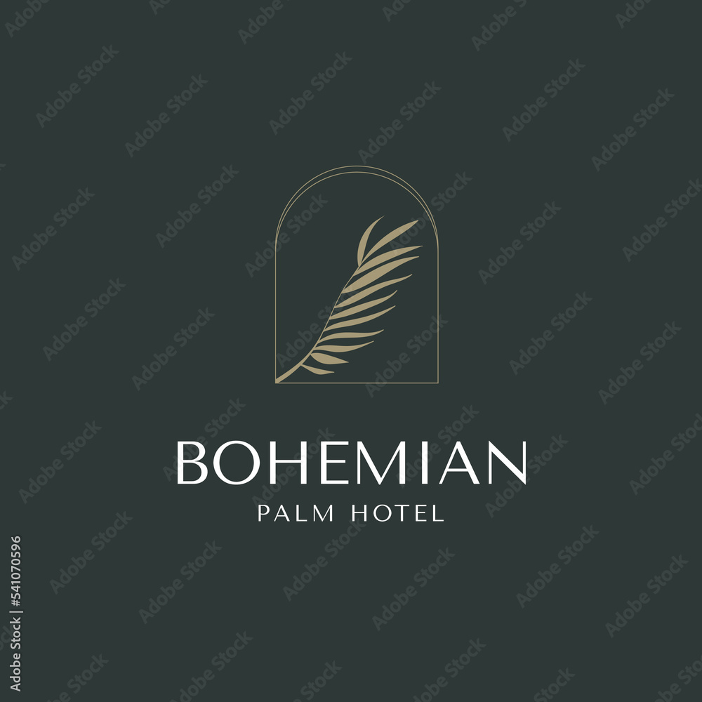Palm tree gold logo vector icon illustration in geometric minimal line style for holiday hotel vacation business