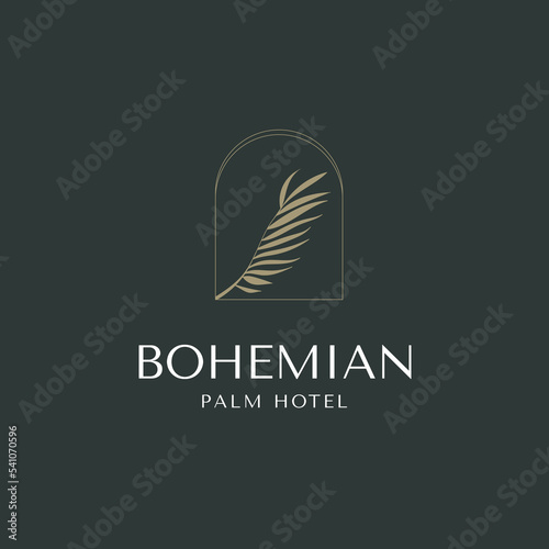 Palm tree gold logo vector icon illustration in geometric minimal line style for holiday hotel vacation business